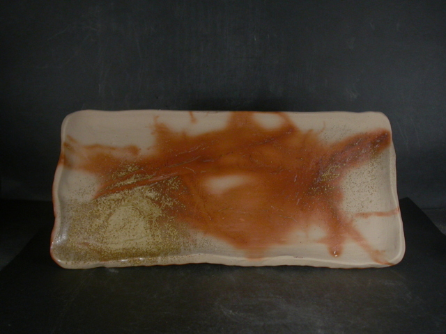 備前焼 備前焼中堅作家 片岡 聖観 29センチ緋襷・黄ゴマ長方皿29